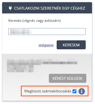 The company search with the Megbízott számlakibocsátás checkbox